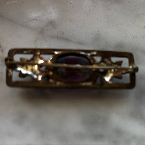 Brooch Pin 1900s Victorian Enameled Leaves Glass Bar - Picture 2 of 2